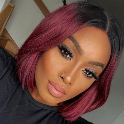 Straight Burgundy Glueless HD Lace Front Bob Wig with Black Roots 99j Colored Short Human Hair Bob Wigs - GeetaHair