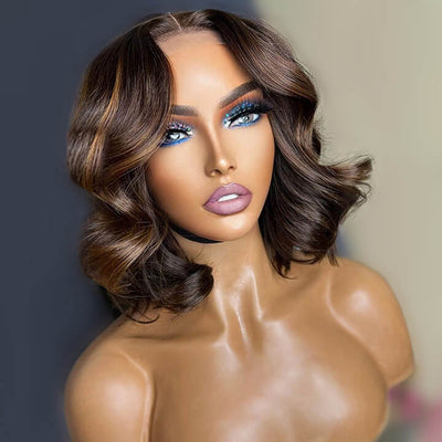 Brown Hair Bob Wig Body Wave Hair HD Lace Wig Highlight Blonde Glueless Pre Plucked Human Hair Wigs - GeetaHair