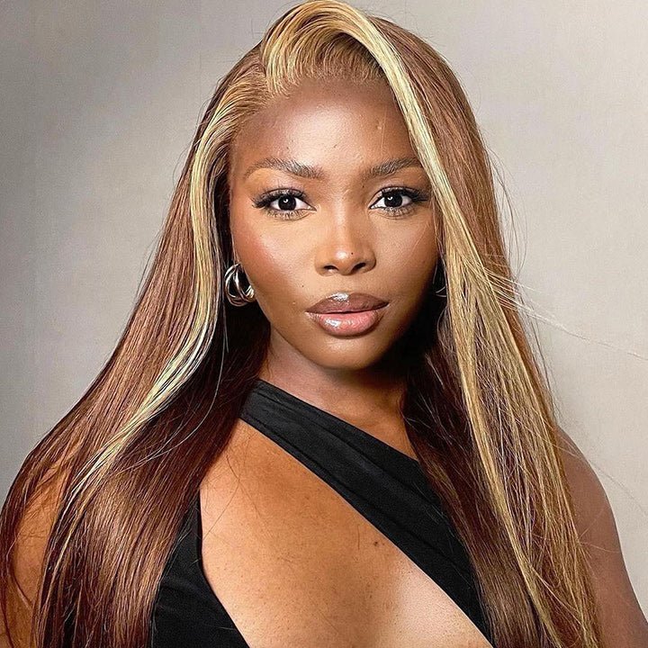 Skunk Stripe Highlight Blonde Lace Frontal Wig Colored Straight HD Lace Human Hair Wigs - GeetaHair