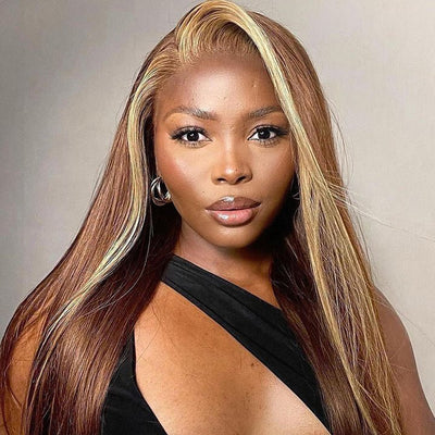 Skunk Stripe Highlight Blonde Lace Frontal Wig Colored Straight HD Lace Human Hair Wigs - GeetaHair