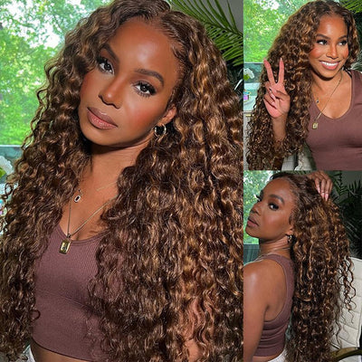 Highlight Piano Color Deep Wave Lace Front Wig Highlight Brown With Blonde Deep Curly Human Hair Wigs - GeetaHair