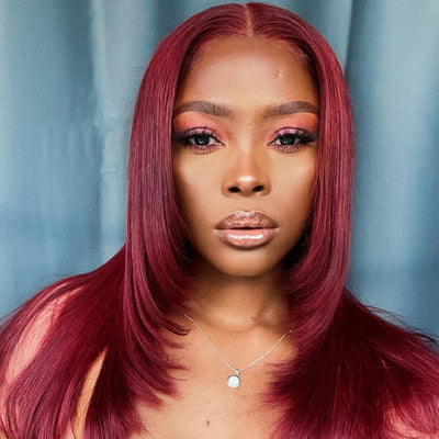 Ginger Layered Straight 13x4 HD Transparent Lace Frontal Wig Ginger/99j Color Butterfly Haircut Human Hair Wigs - GeetaHair