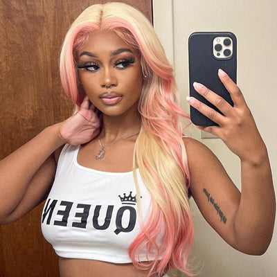 Skunk Stripe Hair Body Wave Lace Front Wig With Pink Highlight HD Transparent Lace Human Hair Wigs - GeetaHair