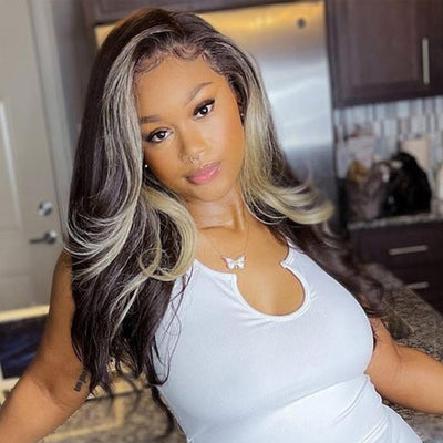 Skunk Stripe Hair Body Wave Lace Front Wig With Blonde Highlight HD Transparent Lace Human Hair Wigs - GeetaHair