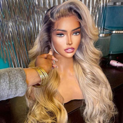 Geeta Highlight Ash Blonde Body Wave Lace Front Wig #613 Color Human Hair Wigs With Dark Roots - GeetaHair