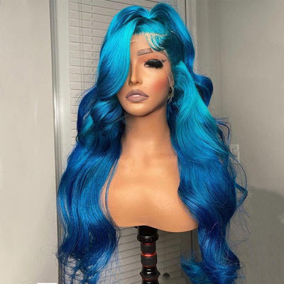 Ombre Lake Blue Body Wave HD Transparent Lace Wig Lake Blue Pre Plucked Human Hair Wigs - GeetaHair