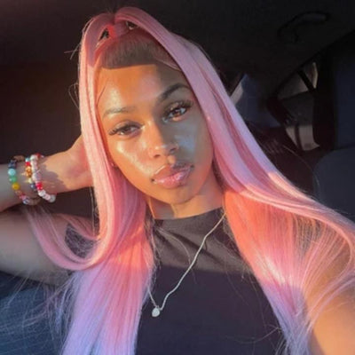 Funky Colored Wigs | Salmon Pink Color Straight/Body Wave Transparent Lace Front Color Wig Human Hair Wigs Stylish Young Cute Hairstyle 180% Density - GeetaHair - GeetaHair