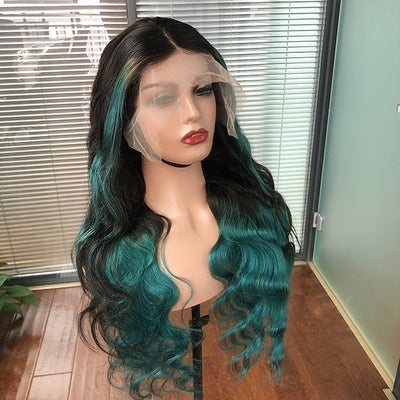 Skunk Stripe Hair Body Wave Lace Front Wig With Green Highlight HD Transparent Lace Human Hair Wigs - GeetaHair