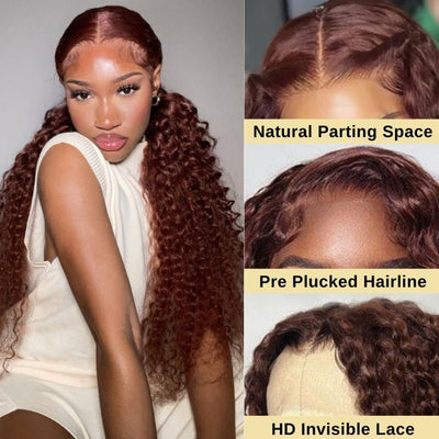 Reddish Brown Jerry Curly 13x4 HD Lace Front Wig Auburn Transparent Lace Human Hair Wigs - GeetaHair