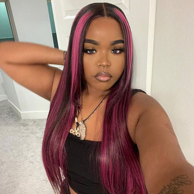 Highlight Purple Straight HD Transparent Lace Front Wig Highlights Pre Plucked Hairline Human Hair Wigs - GeetaHair