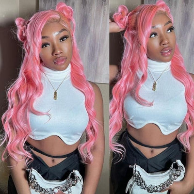 Funky Colored Wigs | Salmon Pink Color Straight/Body Wave Transparent Lace Front Color Wig Human Hair Wigs Stylish Young Cute Hairstyle 180% Density - GeetaHair - GeetaHair
