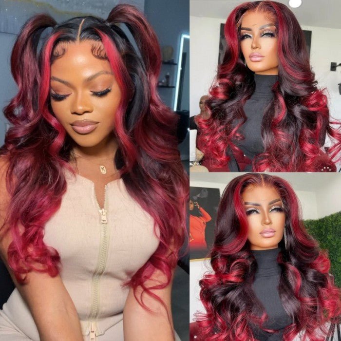 Geeta Hair Body Wave 13x4 HD Lace Highlight Wig Ombre Dark Burgundy Human Hair Frontal Wigs With Rose Red Highlights Pre Plucked Hairline - GeetaHair