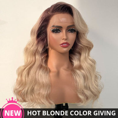 Geeta Highlight Ash Blonde Body Wave Lace Front Wig #613 Color Human Hair Wigs With Dark Roots - GeetaHair
