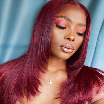 Ginger Layered Straight 13x4 HD Transparent Lace Frontal Wig Ginger/99j Color Butterfly Haircut Human Hair Wigs - GeetaHair