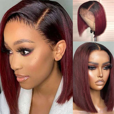 Straight Burgundy Glueless HD Lace Front Bob Wig with Black Roots 99j Colored Short Human Hair Bob Wigs - GeetaHair