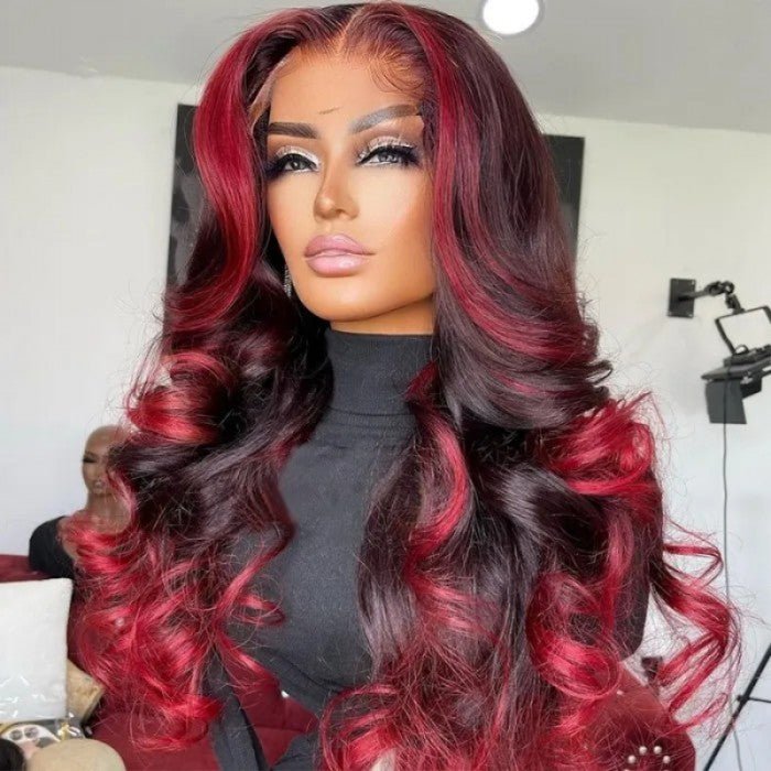 Geeta Hair Body Wave 13x4 HD Lace Highlight Wig Ombre Dark Burgundy Human Hair Frontal Wigs With Rose Red Highlights Pre Plucked Hairline - GeetaHair