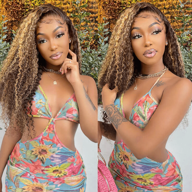 Valentine's Day Flash Sale:13x4 HD Lace Curly Hair Honey Blond Highlights Wig, 48hrs Only - GeetaHair