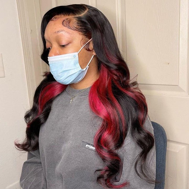 Red Skunk Stripe Hair Body Wave Lace Front Wig 99J Red Colored HD Transparent Lace Human Hair Wigs - GeetaHair