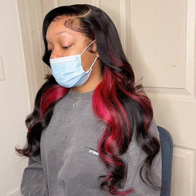 Red Skunk Stripe Hair Body Wave Lace Front Wig 99J Red Colored HD Transparent Lace Human Hair Wigs - GeetaHair