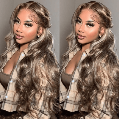 Ash Blonde Balayage Straight/Body Wave Lace Front Wig Tea Brown Colored Human Hair Wigs With Highlights - GeetaHair