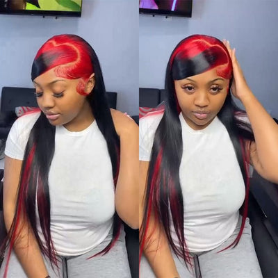 Sparkle Red Roots Long Straight Front Lace Wigs Colored Bone Straight Human Hair Wigs - GeetaHair