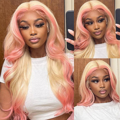 Skunk Stripe Hair Body Wave Lace Front Wig With Pink Highlight HD Transparent Lace Human Hair Wigs - GeetaHair