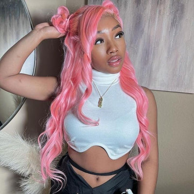Funky Colored Wigs | Salmon Pink Color Straight/Body Wave Transparent Lace Front Color Wig Human Hair Wigs Stylish Young Cute Hairstyle 180% Density - GeetaHair - GeetaHair