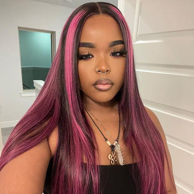 Highlight Purple Straight HD Transparent Lace Front Wig Highlights Pre Plucked Hairline Human Hair Wigs - GeetaHair