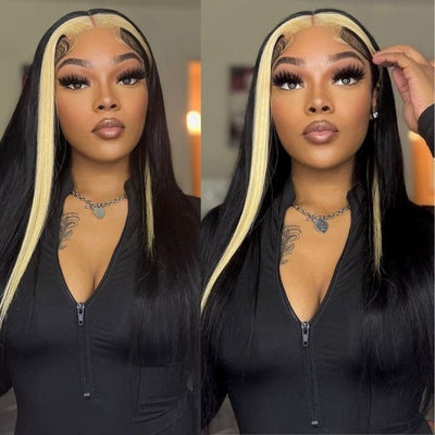 13x4 Lace Frontal Skunk Stripe Wig #613/Black Color Highlight Straight Hair Lace Front Wigs - GeetaHair - GeetaHair
