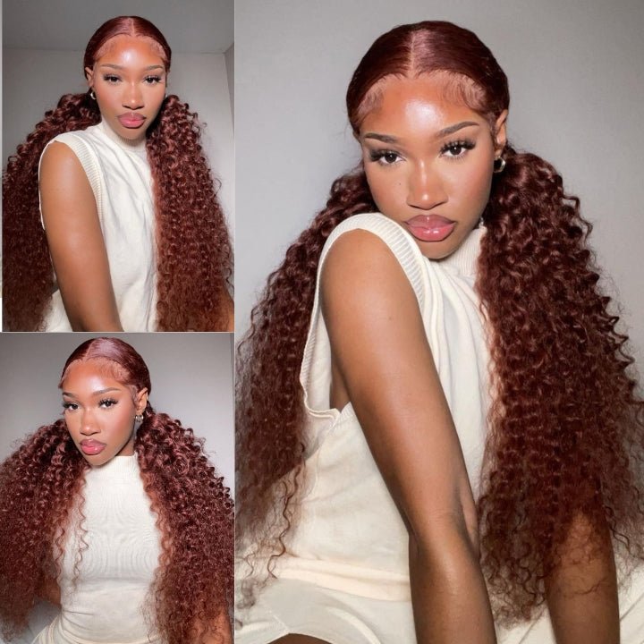 Reddish Brown Jerry Curly 13x4 HD Lace Front Wig Auburn Transparent Lace Human Hair Wigs - GeetaHair