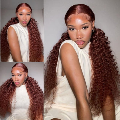 Reddish Brown Jerry Curly 13x4 HD Lace Front Wig Auburn Transparent Lace Human Hair Wigs - GeetaHair