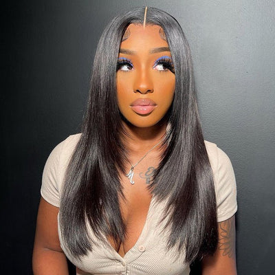 13x4 HD Straight Layered Wig Pre Plucked Natural Hairline Human Hair Wigs Yaki Straight with Layers Lace Front Wig - GeetaHair
