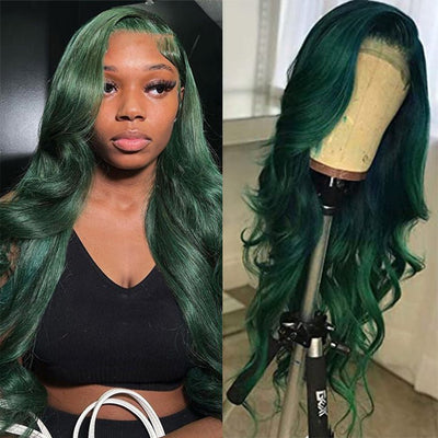 Xmas Sale Dark Green Body Wave HD Lace Wig Blackish Green Pre Plucked Human Hair Wigs - GeetaHair