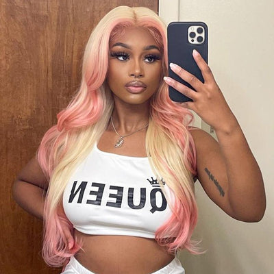 Skunk Stripe Hair Body Wave Lace Front Wig With Pink Highlight HD Transparent Lace Human Hair Wigs - GeetaHair