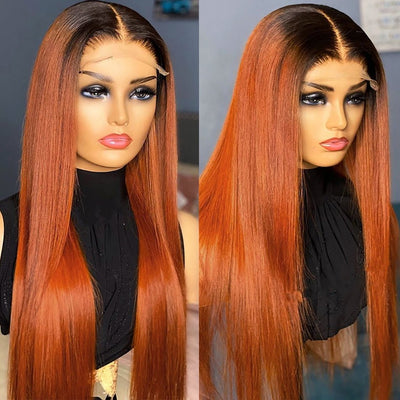 Ginger Color With Dark Roots Straight Lace Front Wig Colored Pre Plucked with Baby Hair Wigs - GeetaHair