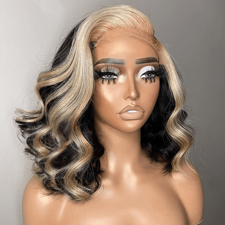 Body Wave Hair Short Bob Black Wig With Blonde Highlights Ombre Hair 13x4 Lace Front 4x4/5x5 Closure Human Hair Wig - GeetaHair