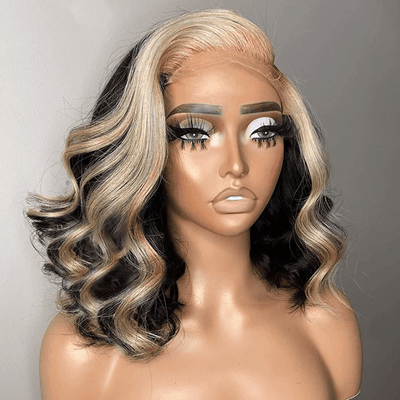 Body Wave Hair Short Bob Black Wig With Blonde Highlights Ombre Hair 13x4 Lace Front 4x4/5x5 Closure Human Hair Wig - GeetaHair