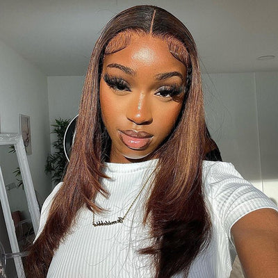 Ombre Brown 13x4/4x4 Hd Transparent Layered Straight Wig Pre Plucked Natural Hairline Human Hair Wigs - GeetaHair