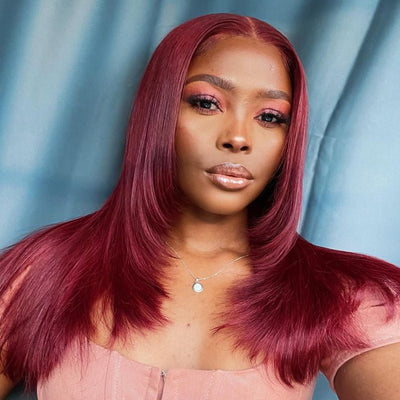 Ginger Layered Straight 13x4 HD Transparent Lace Frontal Wig Ginger/99j Color Butterfly Haircut Human Hair Wigs - GeetaHair