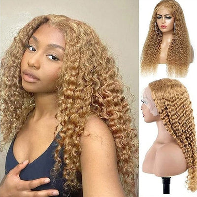 Honey Blonde Water Wave 13x4/4x4 HD Lace Frontal Wig Golden Brown Transparent Lace Human Hair Wigs - GeetaHair