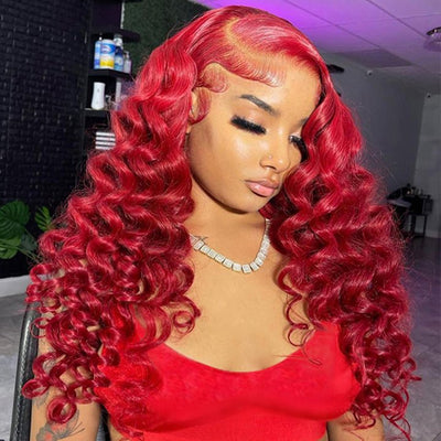 Red Loose Deep Wave Lace Front Wig Colored HD Transparent Lace Human Hair Wigs - GeetaHair
