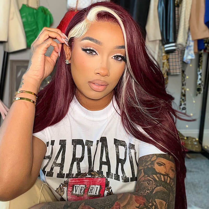 13x4 Lace Frontal Skunk Stripe Wig #613/99J Burgundy Color Highlight Body Wave/Straight Hair Lace Front Wigs - GeetaHair - GeetaHair