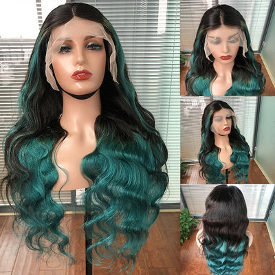 Skunk Stripe Hair Body Wave Lace Front Wig With Green Highlight HD Transparent Lace Human Hair Wigs - GeetaHair