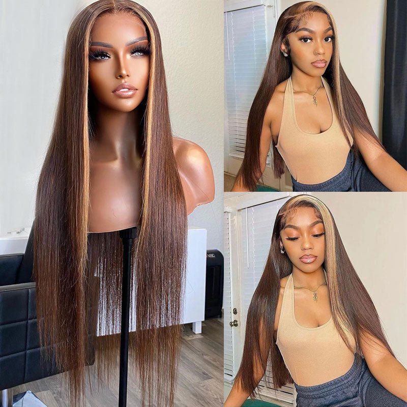 Straight Hair Skunk Stripe Wig 13x4 HD Lace Brown Hair With Honey Blonde Streaks Highlight Wigs Brazilian Human Hair Lace Front Wigs - GeetaHair - GeetaHair