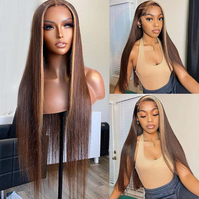 Straight Hair Skunk Stripe Wig 13x4 HD Lace Brown Hair With Honey Blonde Streaks Highlight Wigs Brazilian Human Hair Lace Front Wigs - GeetaHair - GeetaHair