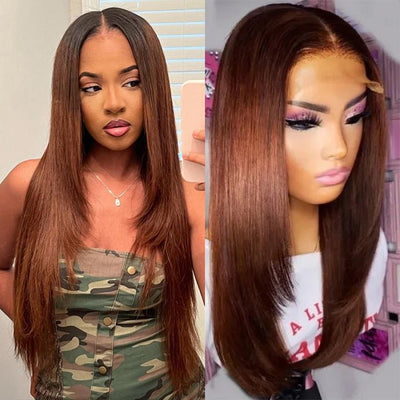 Ombre Brown Straight Layered Lace Front Wig 13x4/4x4 HD Lace Chocolate Brown Butterfly Haircut Human Hair Wigs - Geeta Hair - GeetaHair