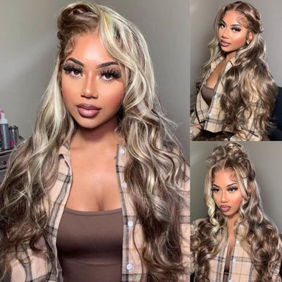 Ash Blonde Balayage Straight/Body Wave Lace Front Wig Tea Brown Colored Human Hair Wigs With Highlights - GeetaHair