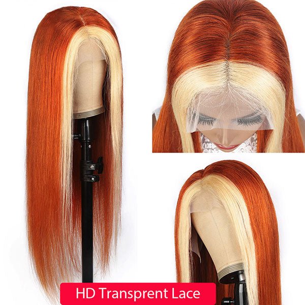 Tax Return Sale Ginger Color With #613 Blonde Streaks Skunk Stripe Wig Straight Hair Colored Wig Tranparent Lace Frontal 100% Virgin Human Hair Wig - Geeta Hair - GeetaHair