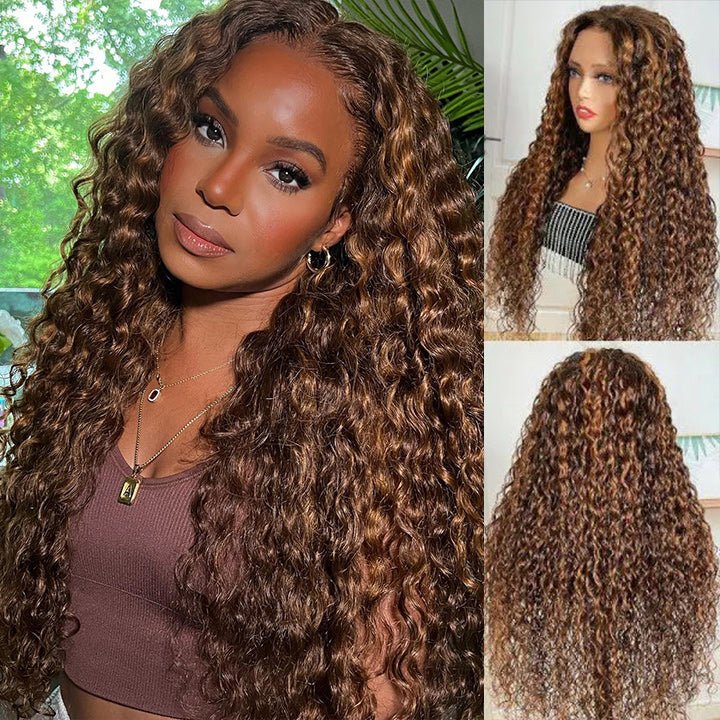 Highlight Piano Color Deep Wave Lace Front Wig Highlight Brown With Blonde Deep Curly Human Hair Wigs - GeetaHair