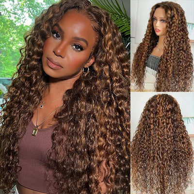 Highlight Piano Color Deep Wave Lace Front Wig Highlight Brown With Blonde Deep Curly Human Hair Wigs - GeetaHair